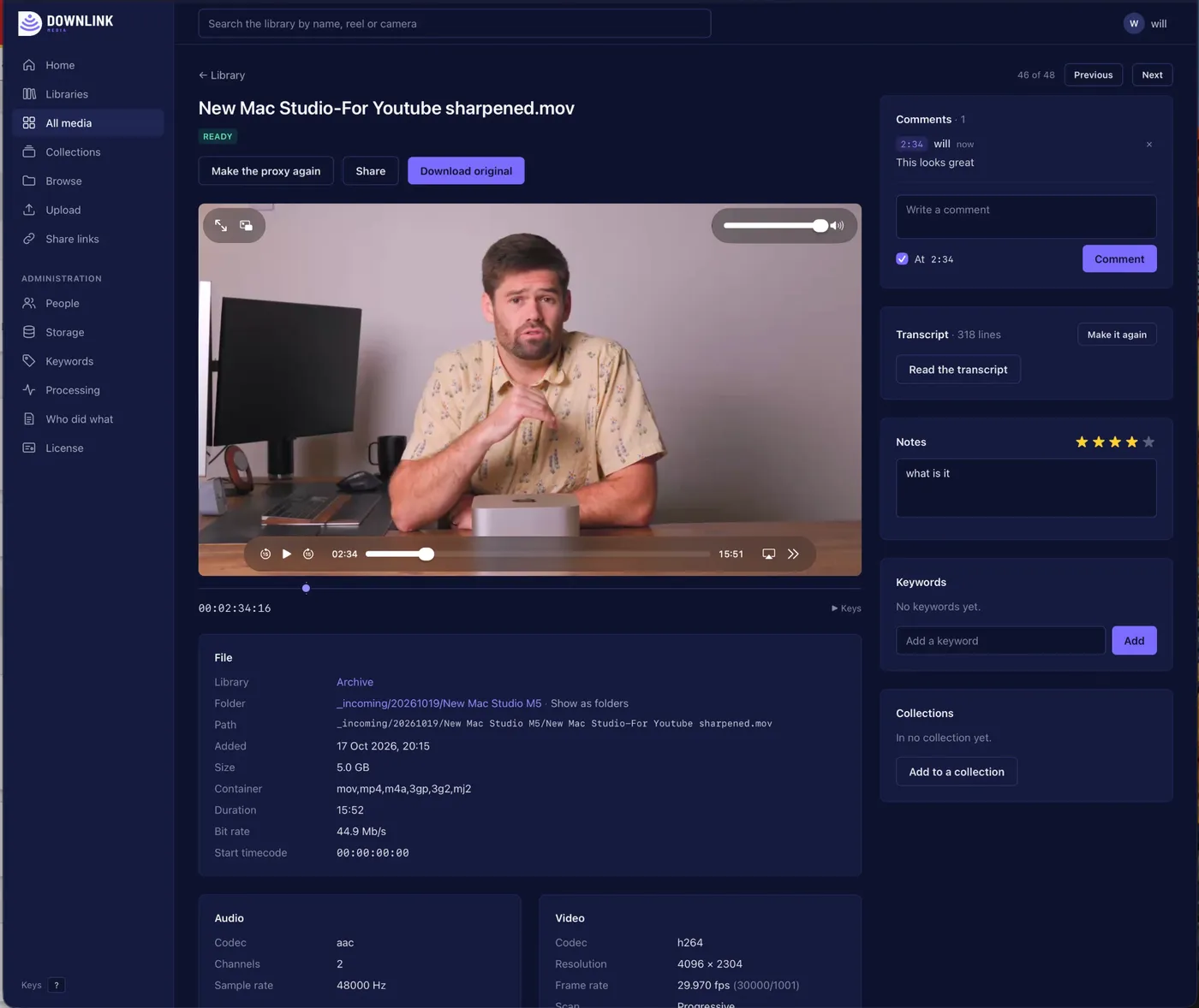 A clip open in Downlink: the video player, a time-stamped comment, the transcript, notes, keywords and the file's details