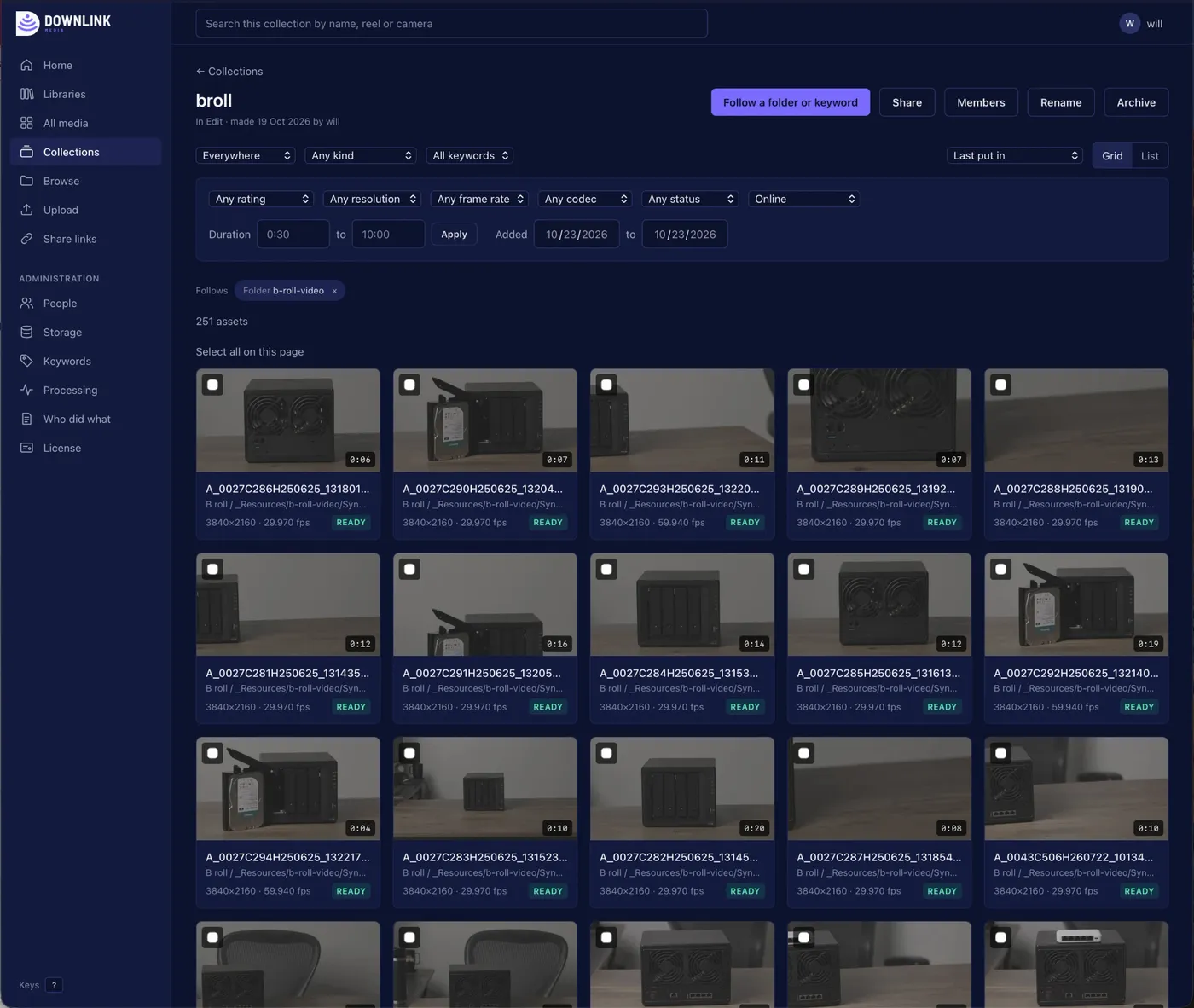 A Downlink collection called broll that follows a folder on the NAS, showing a grid of 4K clips of NAS hardware