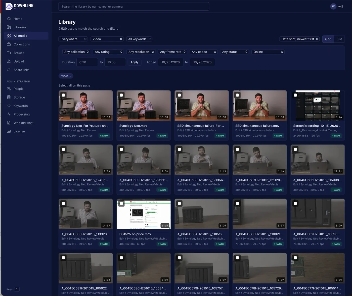 The Downlink library showing video clips as a grid of thumbnails, each with its folder, resolution, frame rate and a Ready badge
