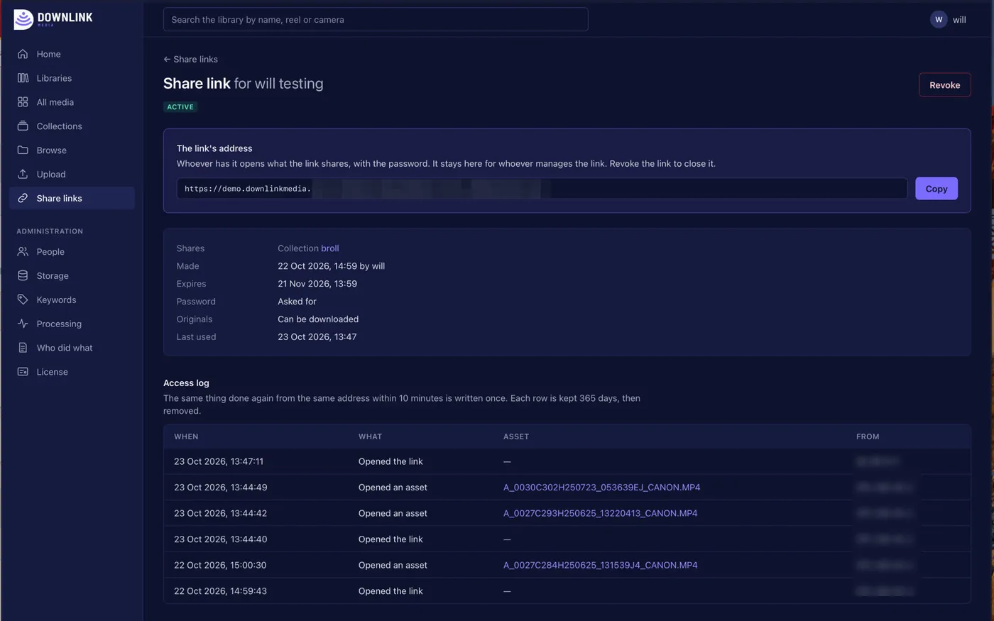 A Downlink share link page: what it shares, when it expires, that it asks for a password, and a log of every time it was opened